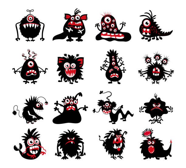 Halloween black monster silhouettes Halloween black monster silhouettes. Bacteria and beast, alien and devil, ghosts and demon vector illustration. Monsters of set for halloween, scary bizarre character monster monster stock illustrations