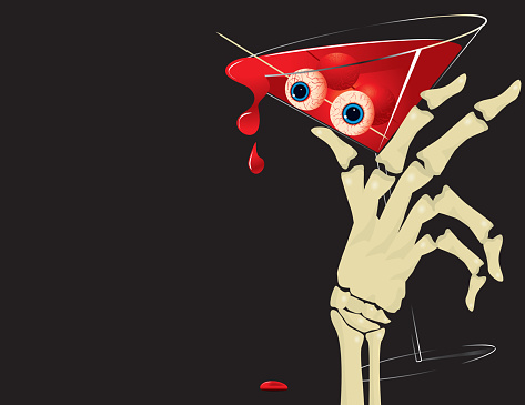 Halloween Blood Martini, hand skeleton, bloodshot eyes