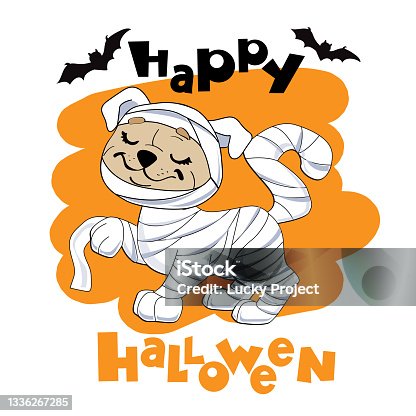 istock Halloween card with pug dog in mummy costume. Vector illustration of cartoon animals. Trick or treat concept 1336267285