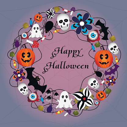 Halloween card with web, leaves, pumpkin, skull, bat, spider, ghost