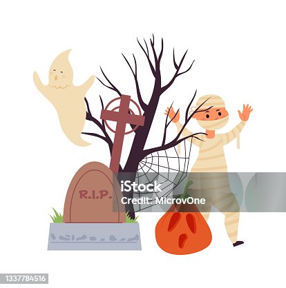 istock Halloween cartoon scene. Cute zombie kid, scary ghost and tree silhouette. Autumn spooky pumpkin lantern on cemetery, vector illustration 1337784516