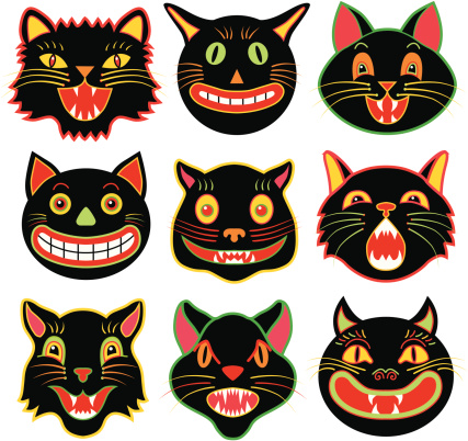 Vector illustrations of a various Halloween black cats.