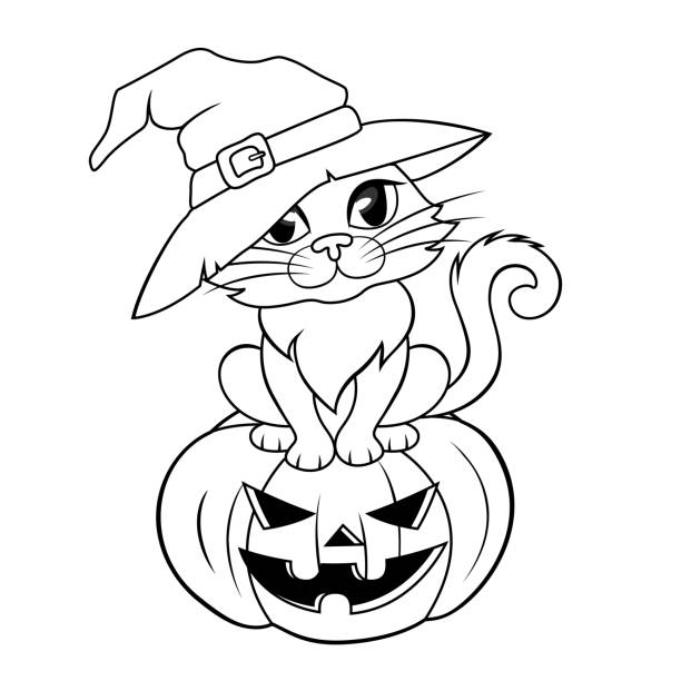 Halloween cat in a witch hat sitting on halloween pumpkin. Black and white illustration for coloring book vector illustration coloring pages stock illustrations