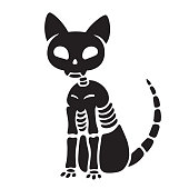 Spooky black and white cat skeleton drawing. Creepy Halloween kitty vector illustration.