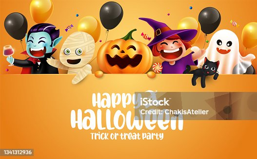 istock Halloween character and lettering element design with copy space Halloween Background, Trick or Treat Concept, vector illustration 1341312936