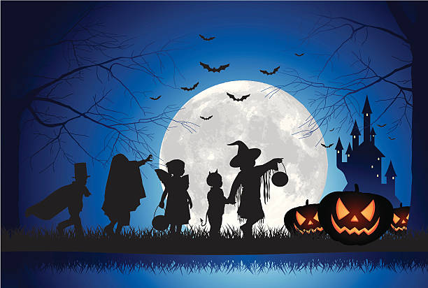 Halloween Children Trick Or Treat Vector illustration of children's silhouette trick or treat trick or treat stock illustrations