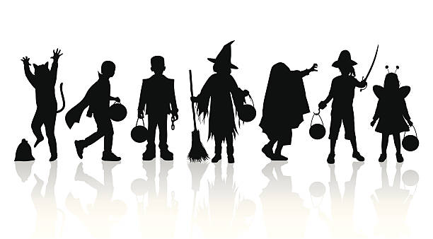 Halloween Children Trick or Treat Vector silhouettes of children trick or treating in Halloween costume. ghost boy stock illustrations