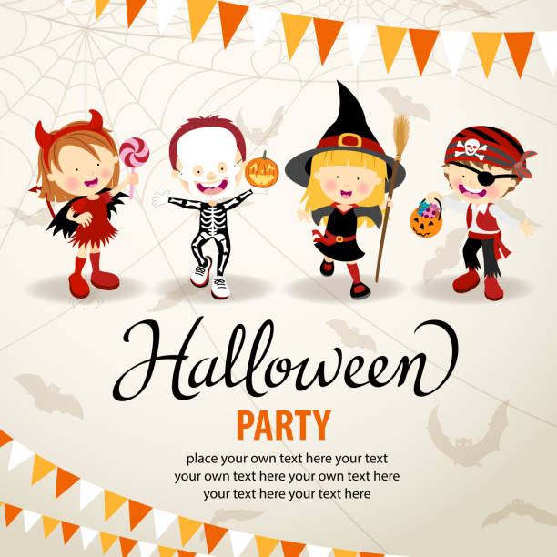 Halloween Costume Party Halloween trick or treat kids. period costume stock illustrations