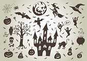 Halloween decoration set: pumpkin jack lantern, bat, spider and cobweb, witch, ghosts, creepy castle, tree, black cat, owl, cauldron with potion, witch hat, skull and crossbones, full moon. Silhouette