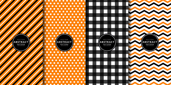 Halloween digital paper. Abstract geometric buffalo check and gingham pattern set. Orange, Black, White, Chevrons, Zigzag, Polka dots, Line stripes. Endless texture with decorative fabric