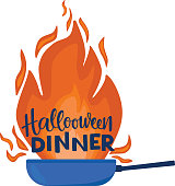 Halloween dinner sign with pan, fire illustartion. Vector stock illustartion for invitation, banner, menu isolated on white background. EPS10