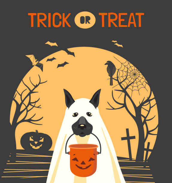 ilustraciones, imágenes clip art, dibujos animados e iconos de stock de perro de halloween lindo truco o trato vector banner - candy canes