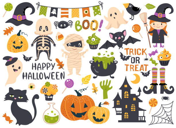 Halloween element set. Halloween element set: witch, ghost, spooky castle, mummy, skeleton, funny pumpkins. Perfect for scrapbooking, greeting card, party invitation, poster, tag, sticker kit. Hand drawn vector illustration candy clipart stock illustrations