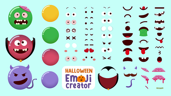 Halloween emoji vector creator kit. Emojis character set in zombie, vampire and devil monster costume with editable face parts for horror characters emoticon design.