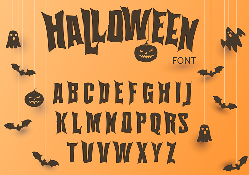 Halloween font, Original Typeface, Scary creepy alphabet, Dirty Letters for holiday party and sale banners, poster with evil pumpkin, ghost and bat. Vector