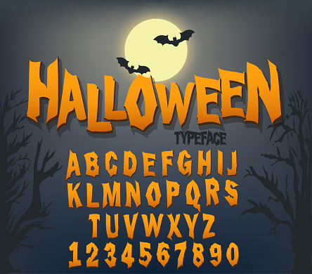 Halloween font, Original Typeface, Scary creepy alphabet, Dirty Letters for holiday party and sale banners, poster with evil pumpkin, ghost and bat. Vector