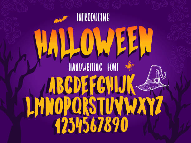 Halloween font. Typography alphabet with colorful spooky and horror illustrations. Halloween font. Typography alphabet with colorful spooky and horror illustrations. Handwritten script for holiday party celebration and crafty design. Vector with hand-drawn lettering. svg stock illustrations