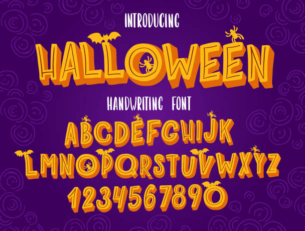Halloween font. Typography alphabet with colorful spooky and horror illustrations. Halloween font. Typography alphabet with colorful spooky and horror illustrations. Handwritten script for holiday party celebration and crafty design. Vector with hand-drawn lettering. svg stock illustrations
