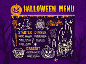 Halloween menu with holiday decorations. Vector illustration brochure for witch, costumes, horror food party. Design template with vintage lettering and hand-drawn graphic elements, pumpkin, zombie.
