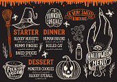 Halloween menu with holiday elements on a blackboard vector illustration brochure for witch, costumes, horror food party. Design template with vintage lettering and hand-drawn graphic, pumpkin, zombie hand and pot.