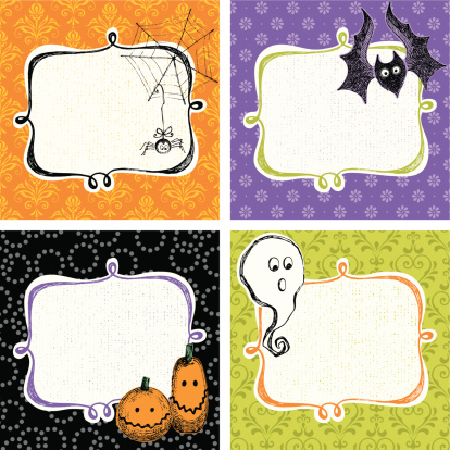 Halloween frames with pumpkins, a ghost, a spider and a bat