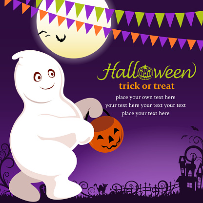 Kids dress up ghost costume on Halloween asking for candy or other treats.