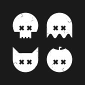 Halloween graphic black and white set. Textured icons of skull, ghost, cat and pumpkin.