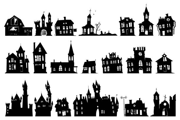 halloween haunted house halloween haunted house church and other buildings isolated on white background window silhouettes stock illustrations