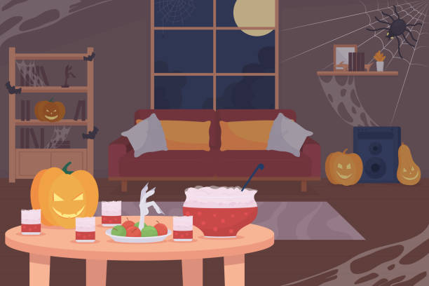 ilustrações de stock, clip art, desenhos animados e ícones de halloween home decoration flat color vector illustration - living room night nobody