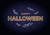 Vector neon happy Halloween horizontal banner template. Glowing light bulb orange text and white cartoon scary flying bat on black background. Design for poster, invitation, greeting card.