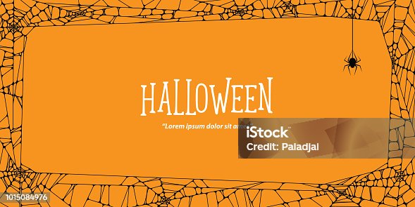 istock Halloween  horizontal frame black cobweb and spider on orange background ilustration vector. Halloween concept. 1015084976