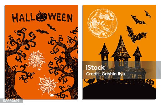 istock Halloween horror night vector background. Hand drawn illustration. 1344436974
