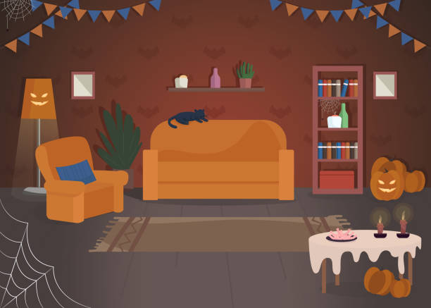 ilustrações de stock, clip art, desenhos animados e ícones de halloween house decoration semi flat vector illustration - living room night nobody