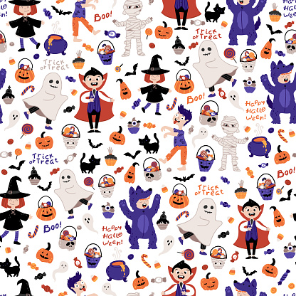 Halloween kids costume party seamless pattern. Children in various costumes. Vector illustration of Halloween characters, lettering, candy, and elements in cartoon hand-drawn style. White background