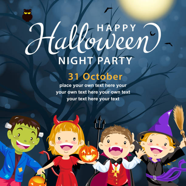 Halloween Kids Costume Party Come and join the kids costume party for the night of Halloween period costume stock illustrations