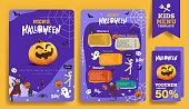 Halloween kids menu template design with Cute cartoon halloween characters