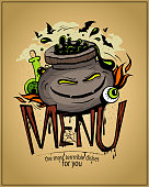 Halloween menu card cover art concept with devil potion jar