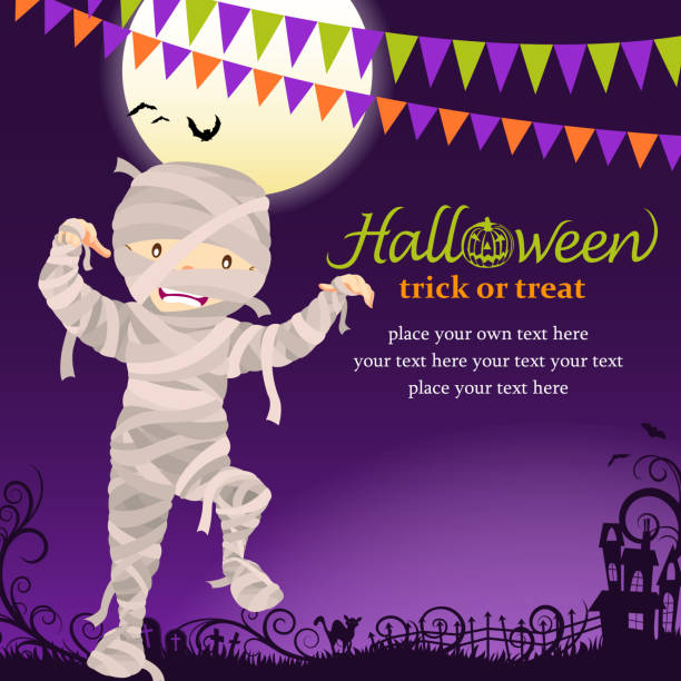 Halloween mummy party Teenage boy dress up mummy costume on Halloween asking for candy or other treats. period costume stock illustrations