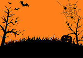 Halloween night background with pumpkins, trees ,bats and spider web,vector