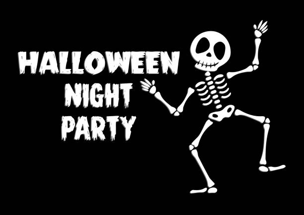 halloween-nacht-party-grußkarte mit niedlichen skelett. feiertage cartoon-charakter-vektor. - menschliches skelett stock-grafiken, -clipart, -cartoons und -symbole