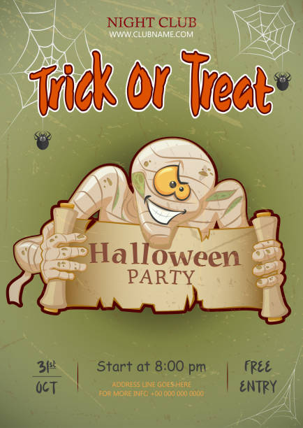 illustrazioni stock, clip art, cartoni animati e icone di tendenza di festa notturna di halloween con sfondo di design del personaggio mostro mummia per invito, carta, poster, volantino. - unkind