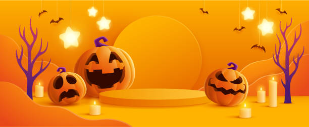Halloween orange theme product display podium on paper graphic background with group of 3D illustration Jack O Lantern pumpkin and candle light. vector art illustration