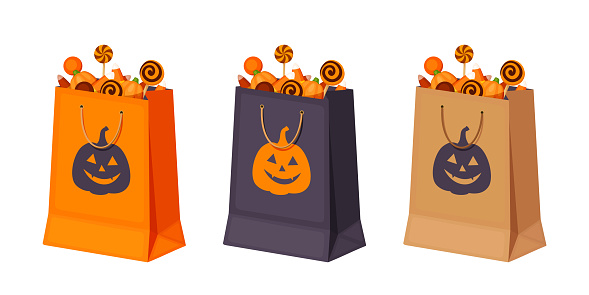 Halloween paper bags with candies. Vector illustration.