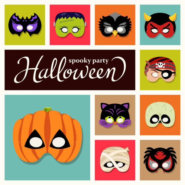 Halloween Paper Masks Halloween party masks graphic elements included demon, mummified, frankenstein, cat, owl, bat, pumpkin, devil, pirate, skull and spider. period costume stock illustrations