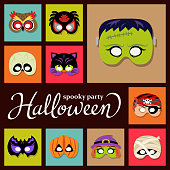 Halloween party masks graphic elements included scarecrow, mummified, frankenstein, cat, owl, bat, pumpkin, pirate, skull and spider.