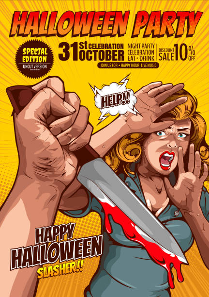 halloween party 36 halloween party, cover template background, horror comic, picture hand holding a knife and woman in very shocked fear,  and speech bubbles, doodle art, Vector illustration. presentation speech borders stock illustrations