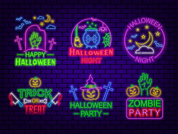 ilustrações de stock, clip art, desenhos animados e ícones de halloween party. a set of neon signs on a dark brick background. - blood bar