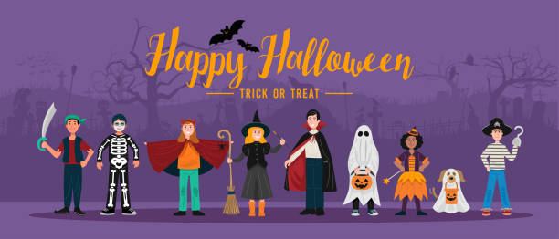 Halloween party background, Kids in Halloween costumes. Vector eps 10 ghost boy stock illustrations