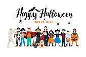 Halloween-Party-Hintergrund, Kinder in Halloween-Kostüme tragen Gesichtsmasken. Vektor