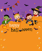 istock Halloween party invitation template card with kids in Halloween costumes in paper cut style. 1335340544